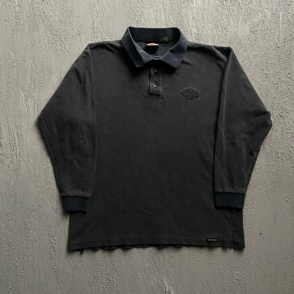 Vintage Harley Davidson Long Sleeve Polo Shirt Medium Black 1990s Embroidered